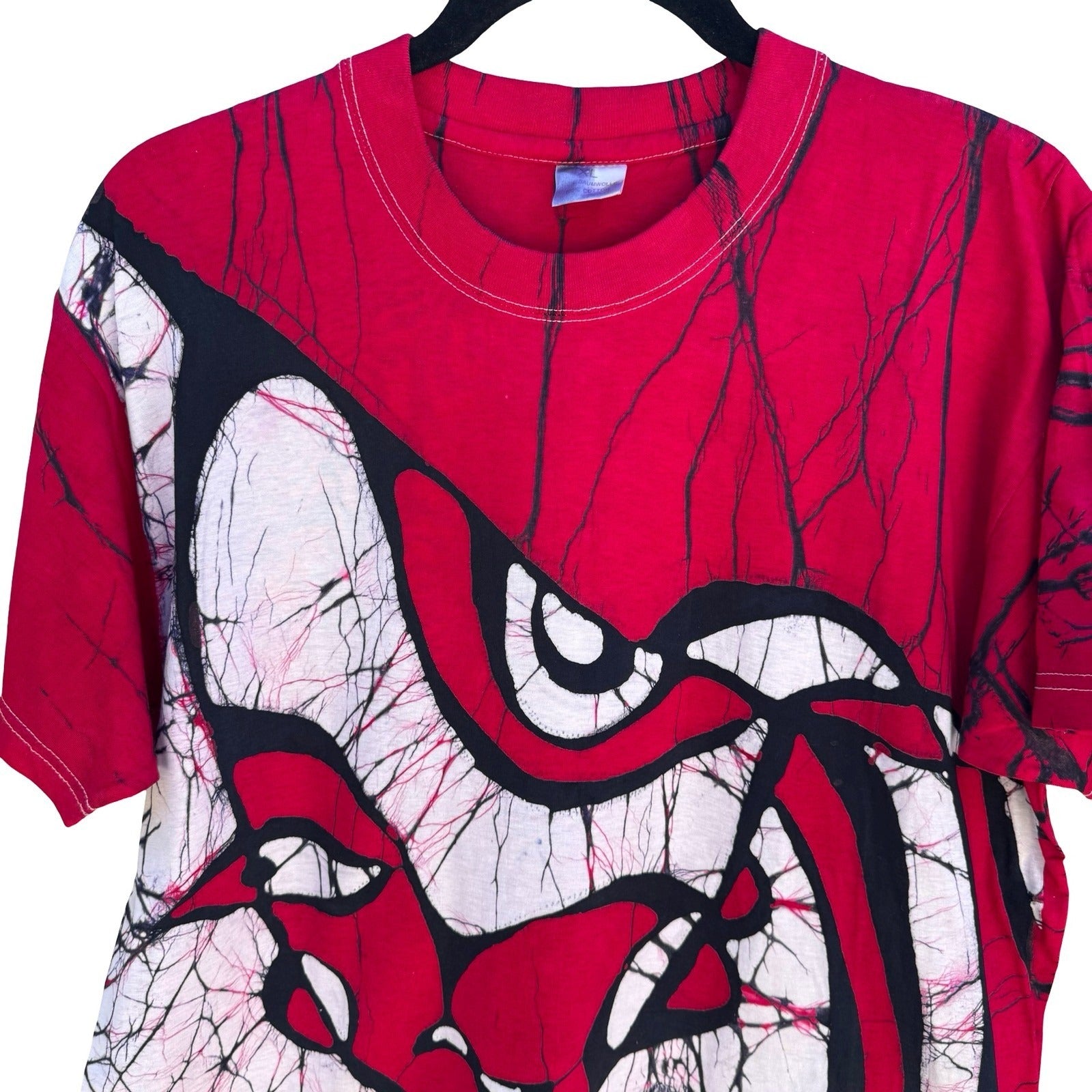 Vintage 90s Abstract Batik Graphic Shirt Red XL Cotton Tee Art To Wear Eclectic