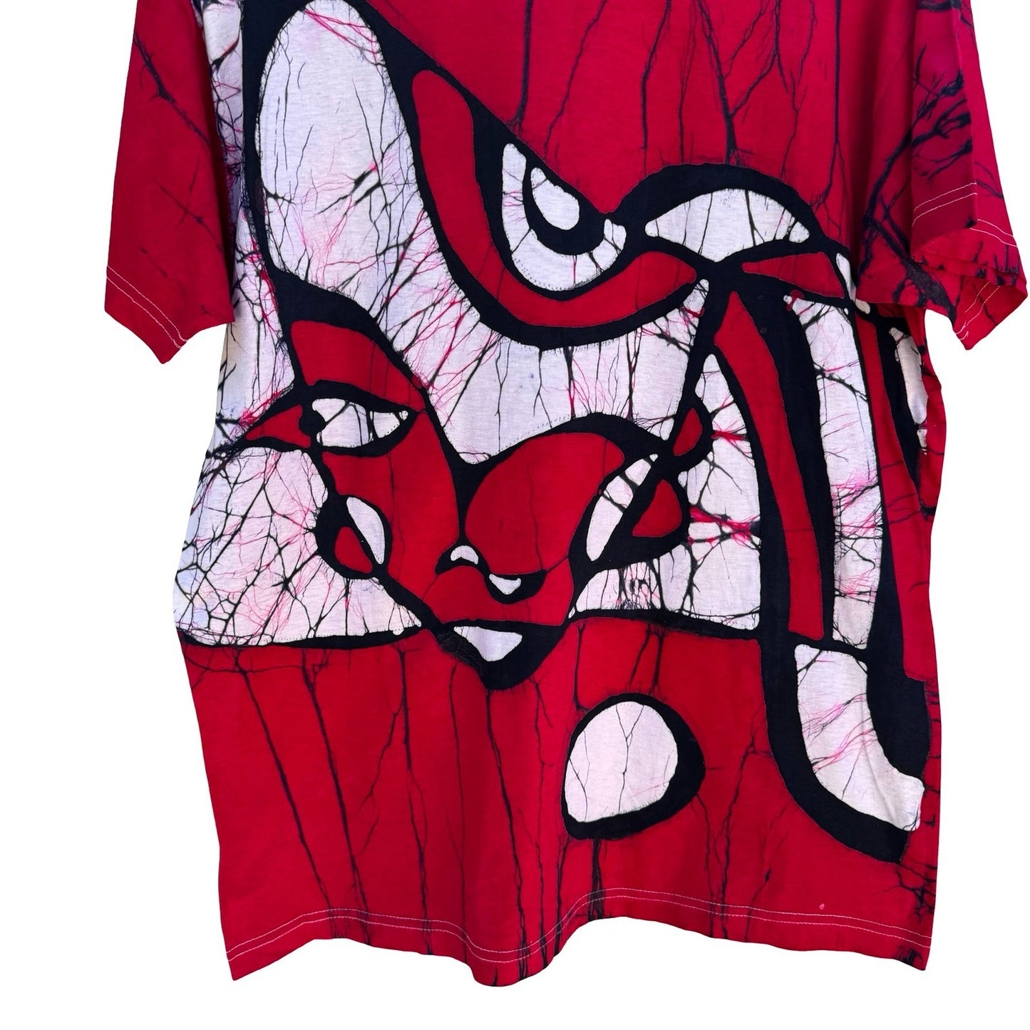 Vintage 90s Abstract Batik Graphic Shirt Red XL Cotton Tee Art To Wear Eclectic