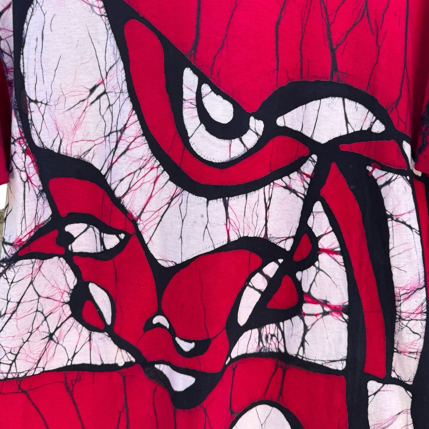 Vintage 90s Abstract Batik Graphic Shirt Red XL Cotton Tee Art To Wear Eclectic