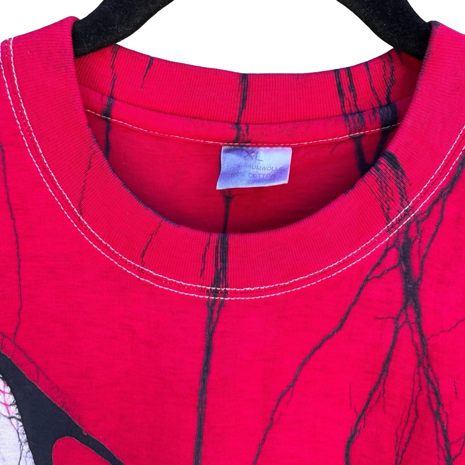 Vintage 90s Abstract Batik Graphic Shirt Red XL Cotton Tee Art To Wear Eclectic