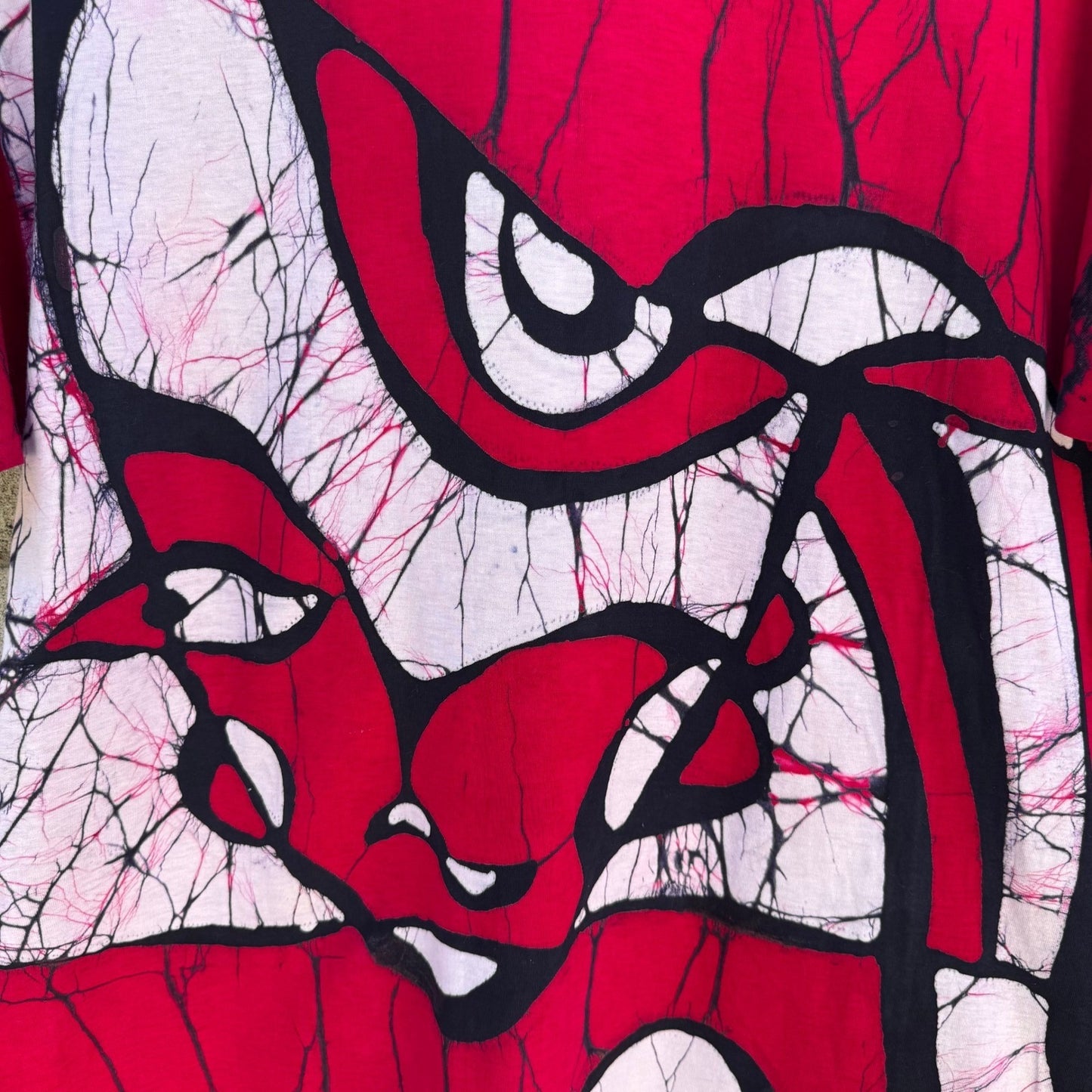 Vintage 90s Abstract Batik Graphic Shirt Red XL Cotton Tee Art To Wear Eclectic