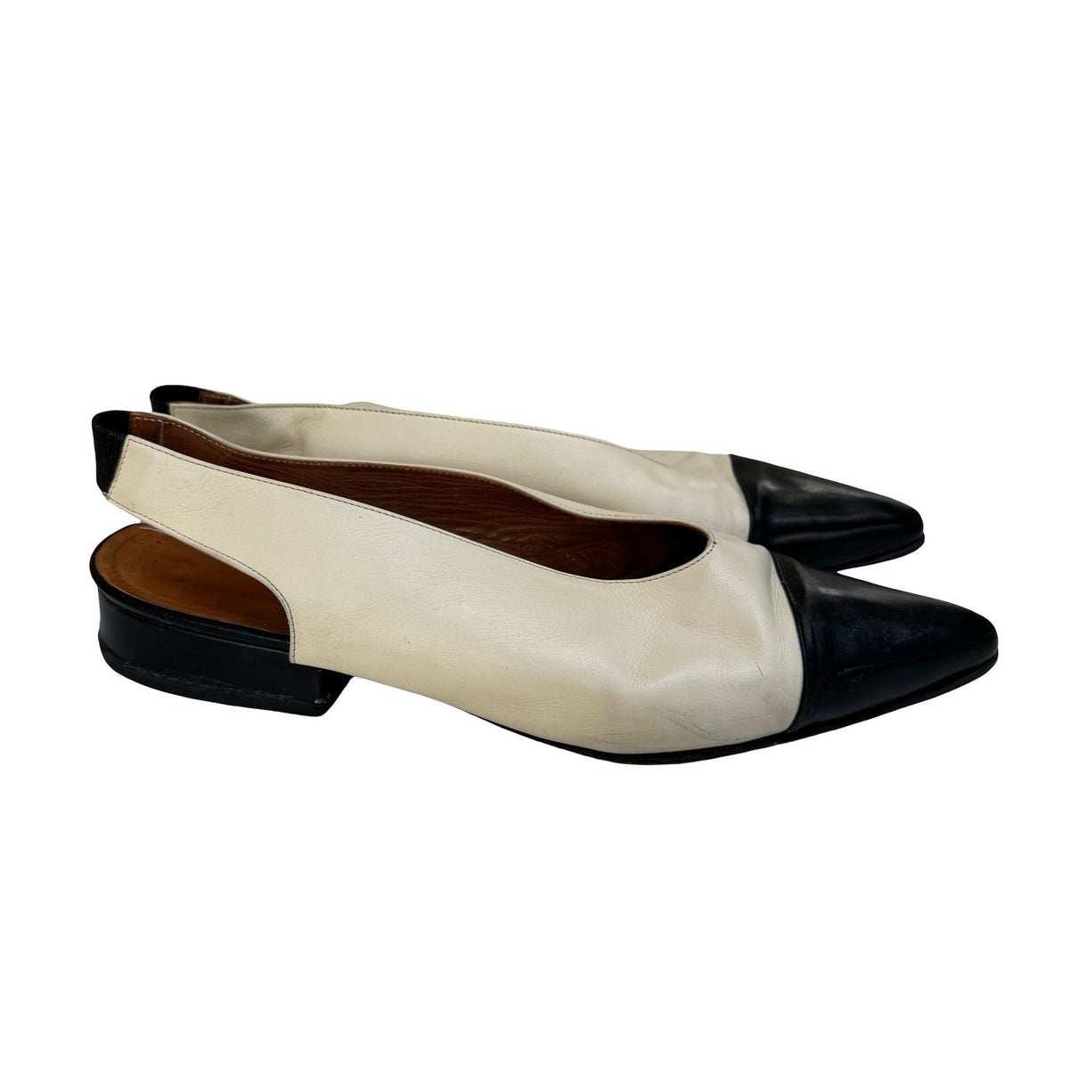 Stephane Kelian Vintage Cap Toe Parisian Slingback Block Heel Cream Black 10