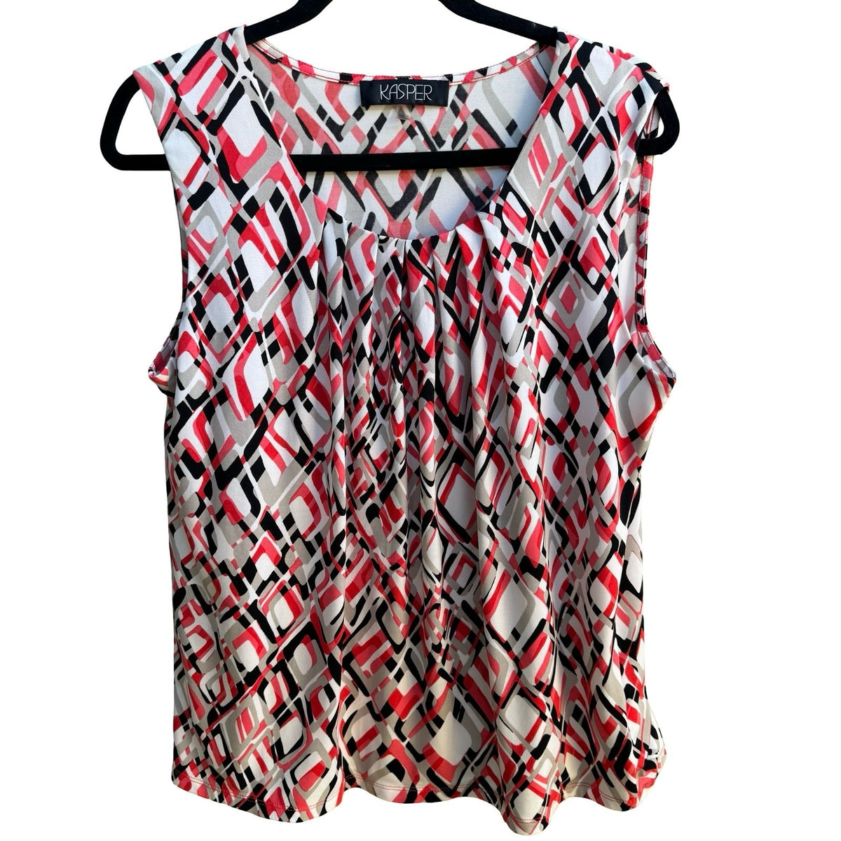 Kasper Careerwear Mod Geometric Pleated Scoop Neck Shell Blouse Red Womens L