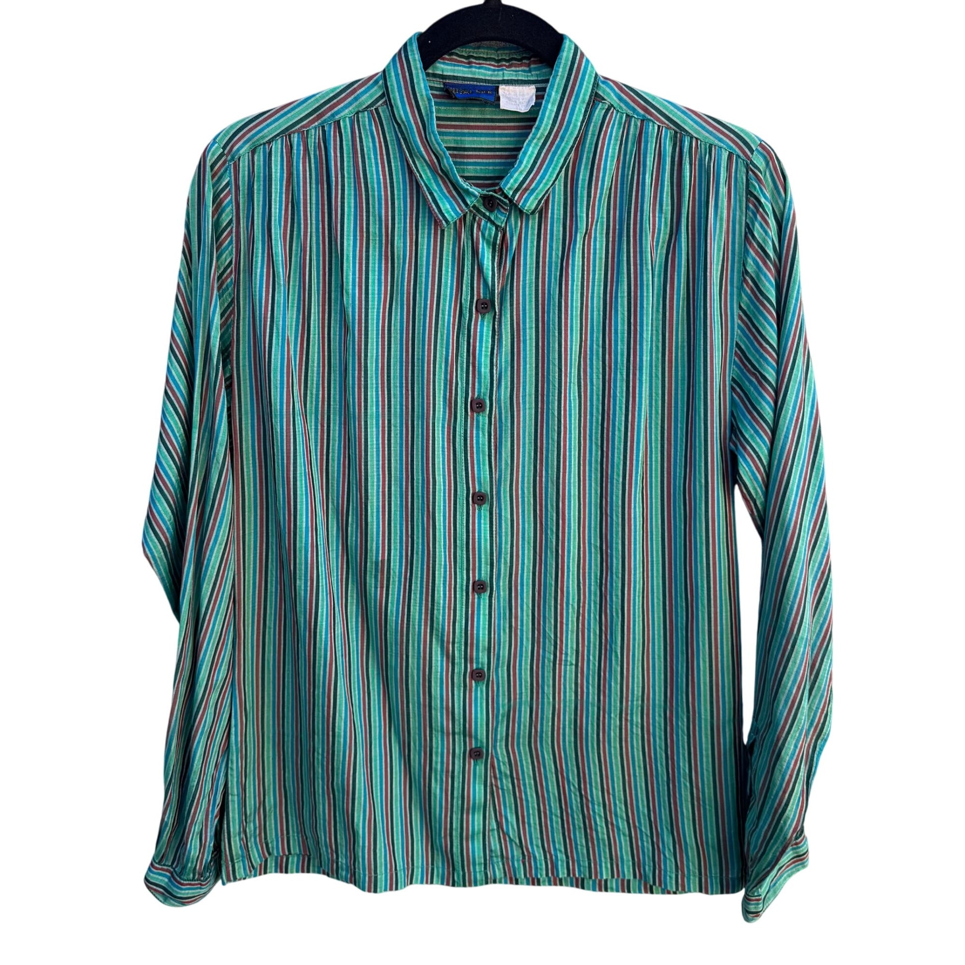 Royal Silk Vintage 70s Womens Retro Striped Button-Up Long Sleeve Shirt Blouse L