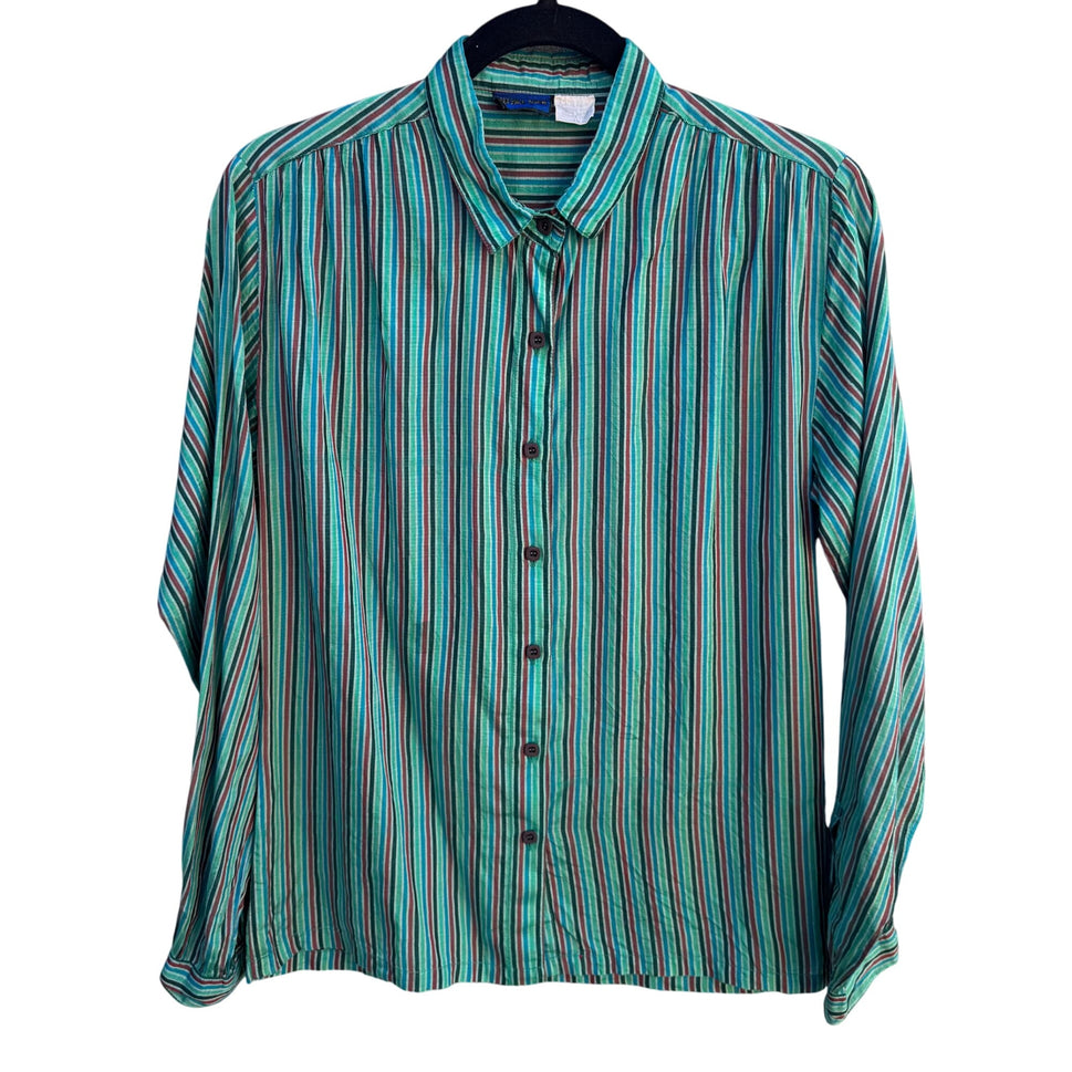 Royal Silk Vintage 70s Womens Retro Striped Button-Up Long Sleeve Shirt Blouse L