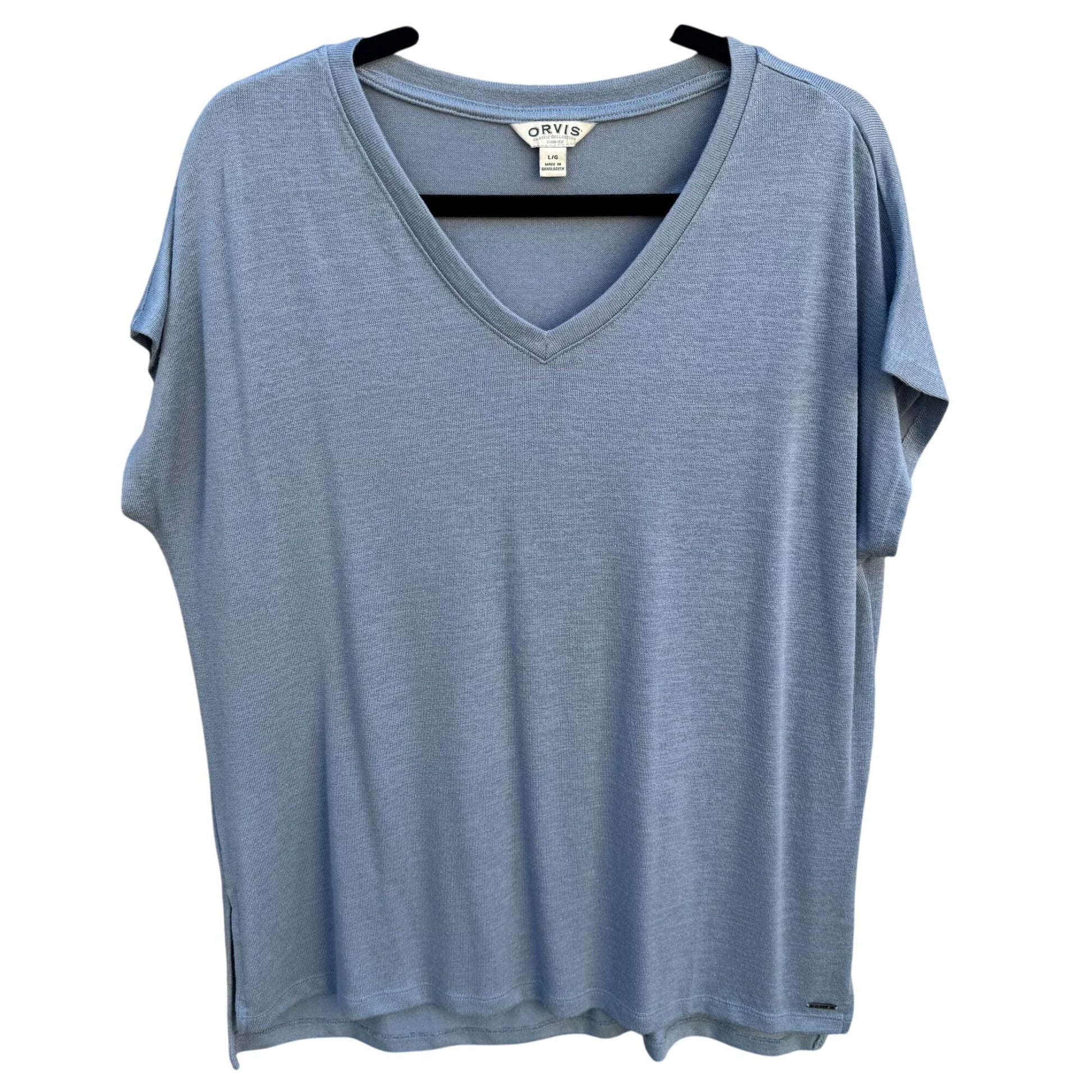 Orvis Classic Collection Womens V-Neck Blue Cotton Short Sleeve Knit Blouse L