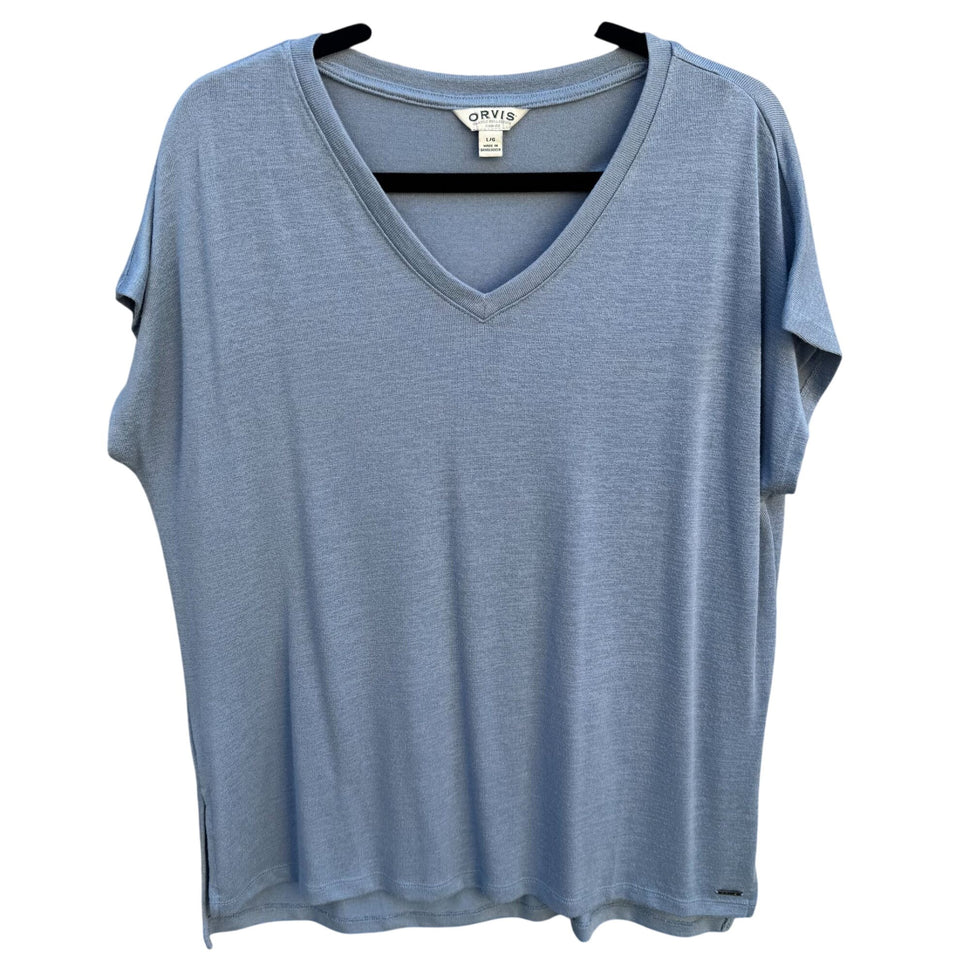Orvis Classic Collection Womens V-Neck Blue Cotton Short Sleeve Knit Blouse L