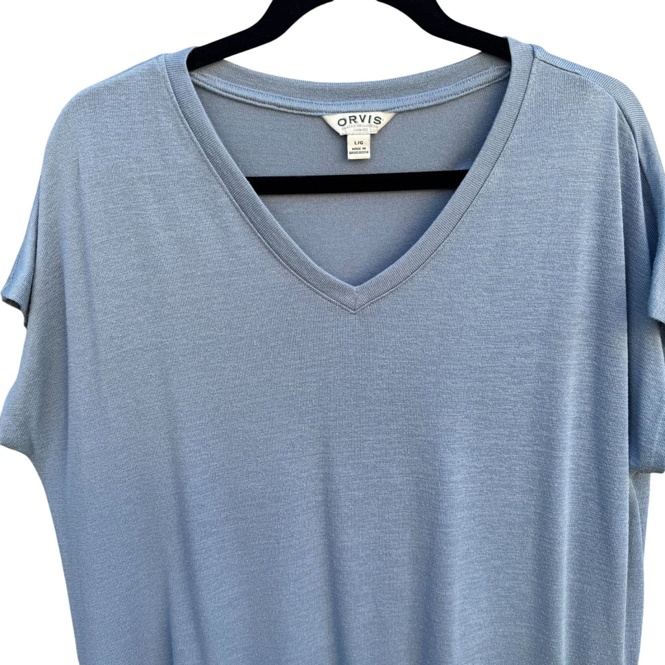 Orvis Classic Collection Womens V-Neck Blue Cotton Short Sleeve Knit Blouse L