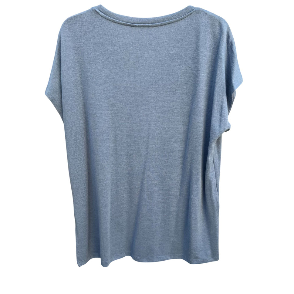 Orvis Classic Collection Womens V-Neck Blue Cotton Short Sleeve Knit Blouse L