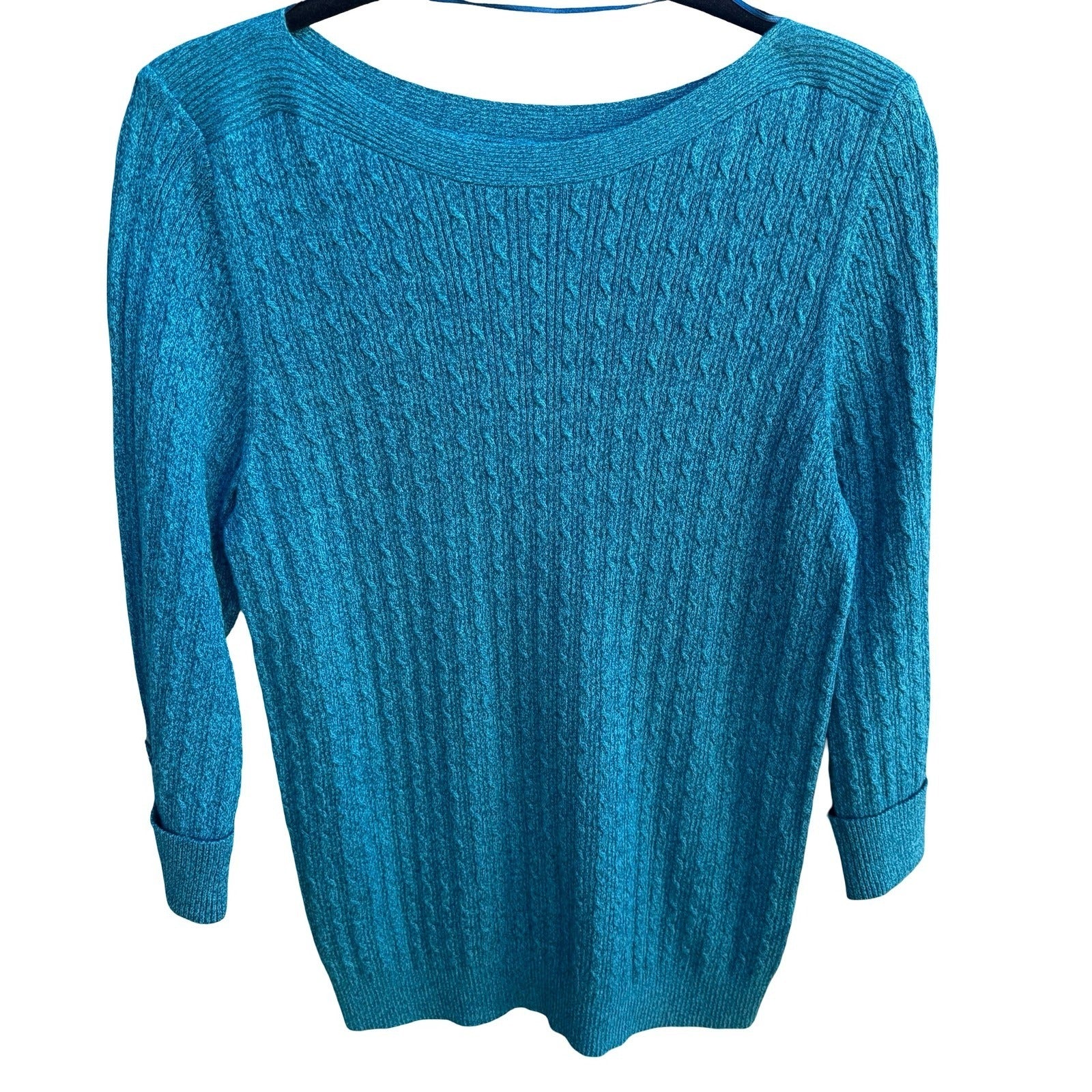 Karen Scott Coastal Preppy Cable Knit Sweater Aqua Marl Cotton Boat Neck XL NWT