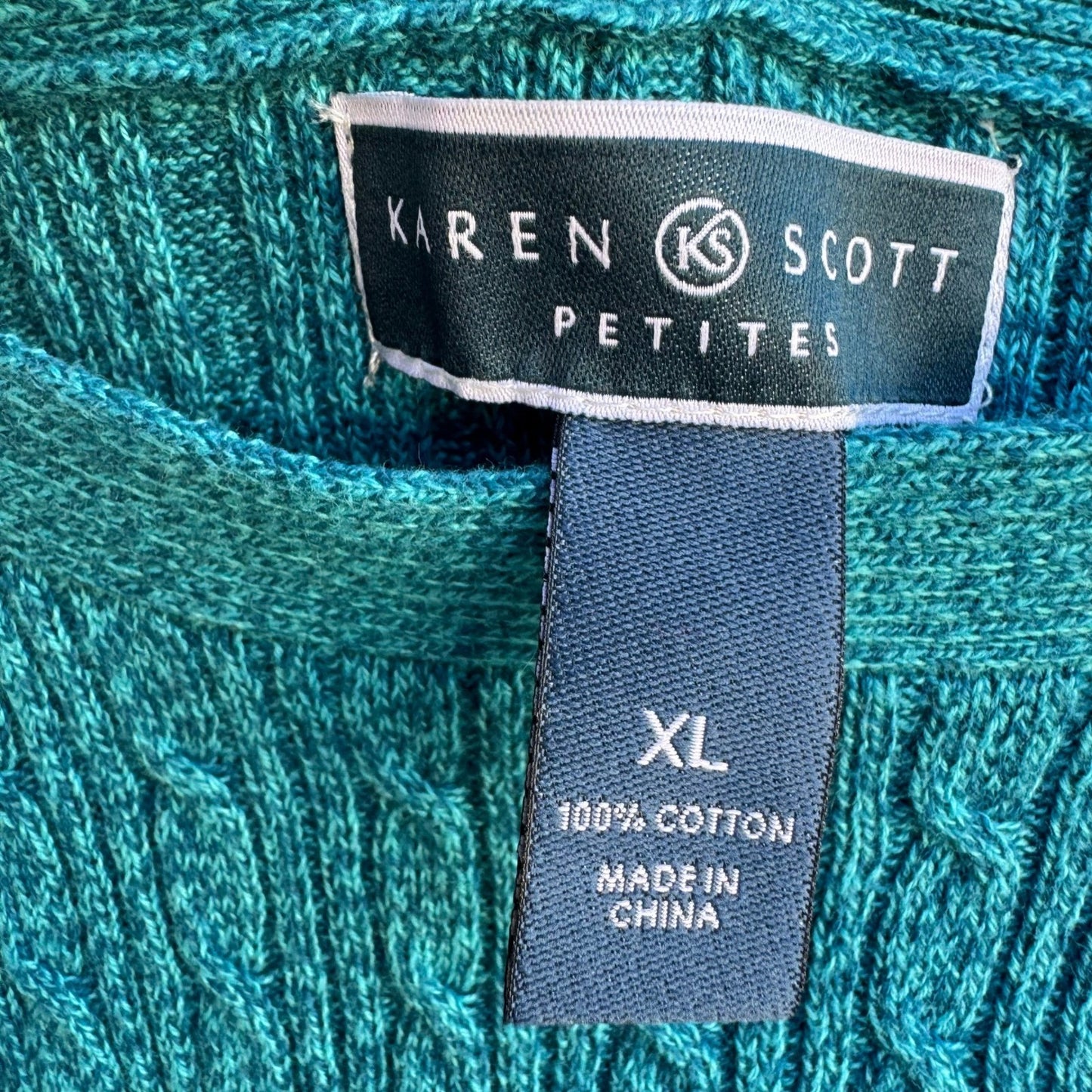 Karen Scott Coastal Preppy Cable Knit Sweater Aqua Marl Cotton Boat Neck XL NWT