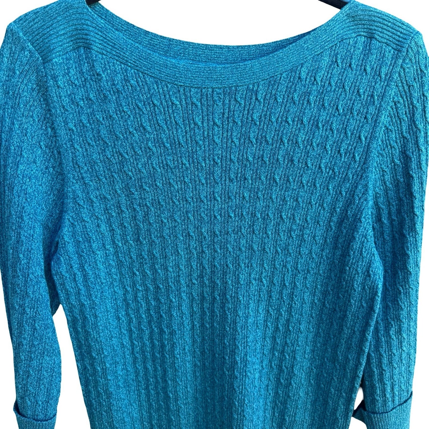 Karen Scott Coastal Preppy Cable Knit Sweater Aqua Marl Cotton Boat Neck XL NWT