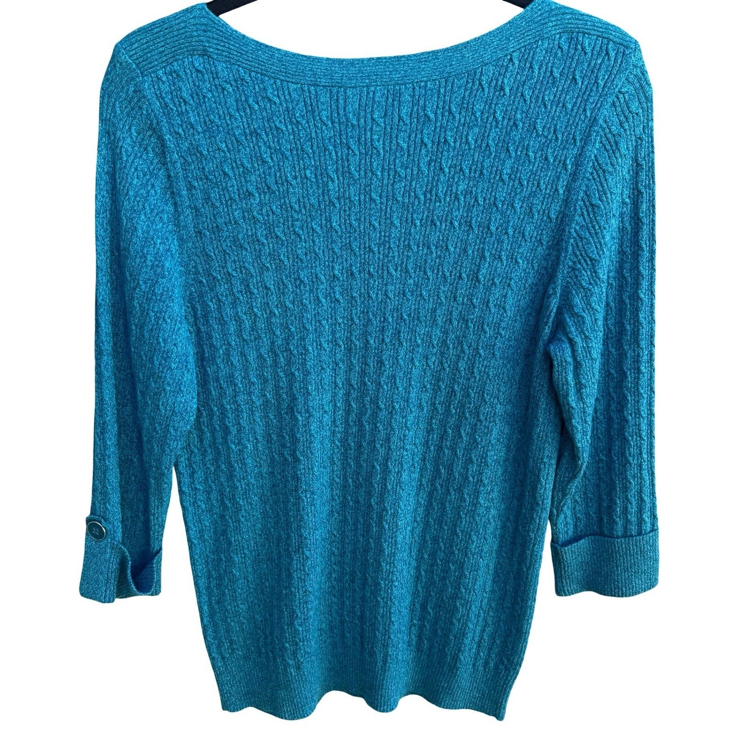 Karen Scott Coastal Preppy Cable Knit Sweater Aqua Marl Cotton Boat Neck XL NWT