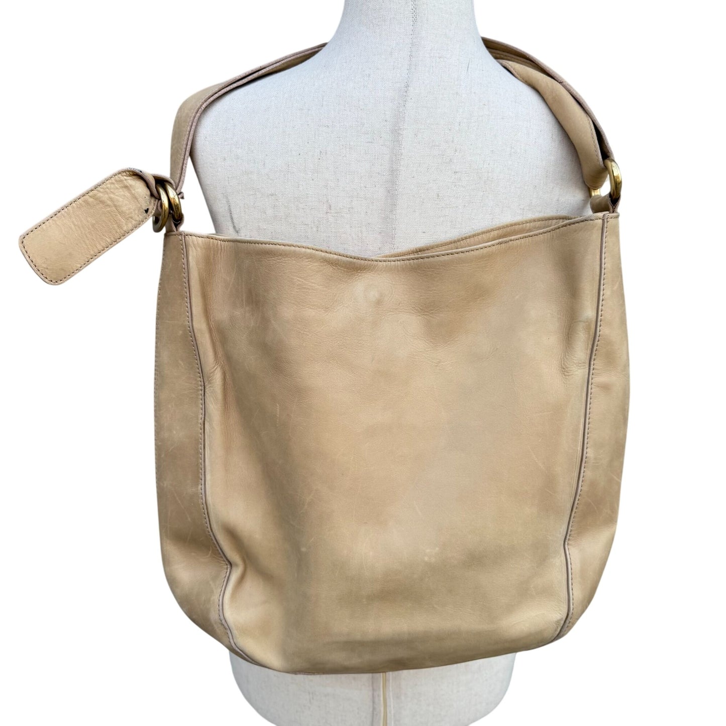 Donna Karan New York Tan Leather Hobo Shoulder Bag Brass Hardware Made In Italy