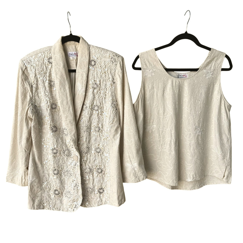 Lims Shanghai Vintage Womens Tan Silk 2-Piece Embroidered Jacket Tank Top Set M