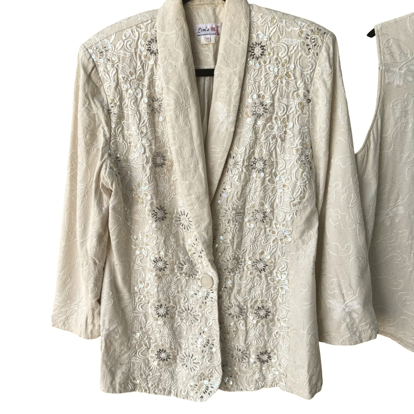 Lims Shanghai Vintage Womens Tan Silk 2-Piece Embroidered Jacket Tank Top Set M