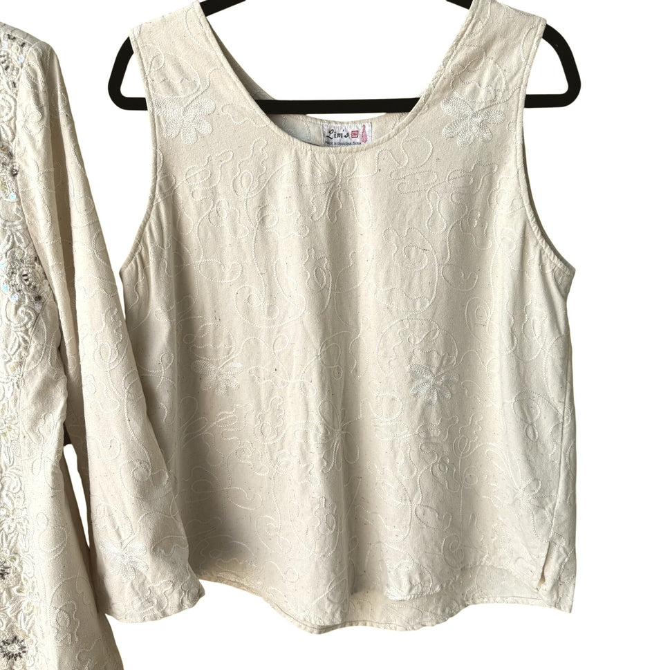 Lims Shanghai Vintage Womens Tan Silk 2-Piece Embroidered Jacket Tank Top Set M
