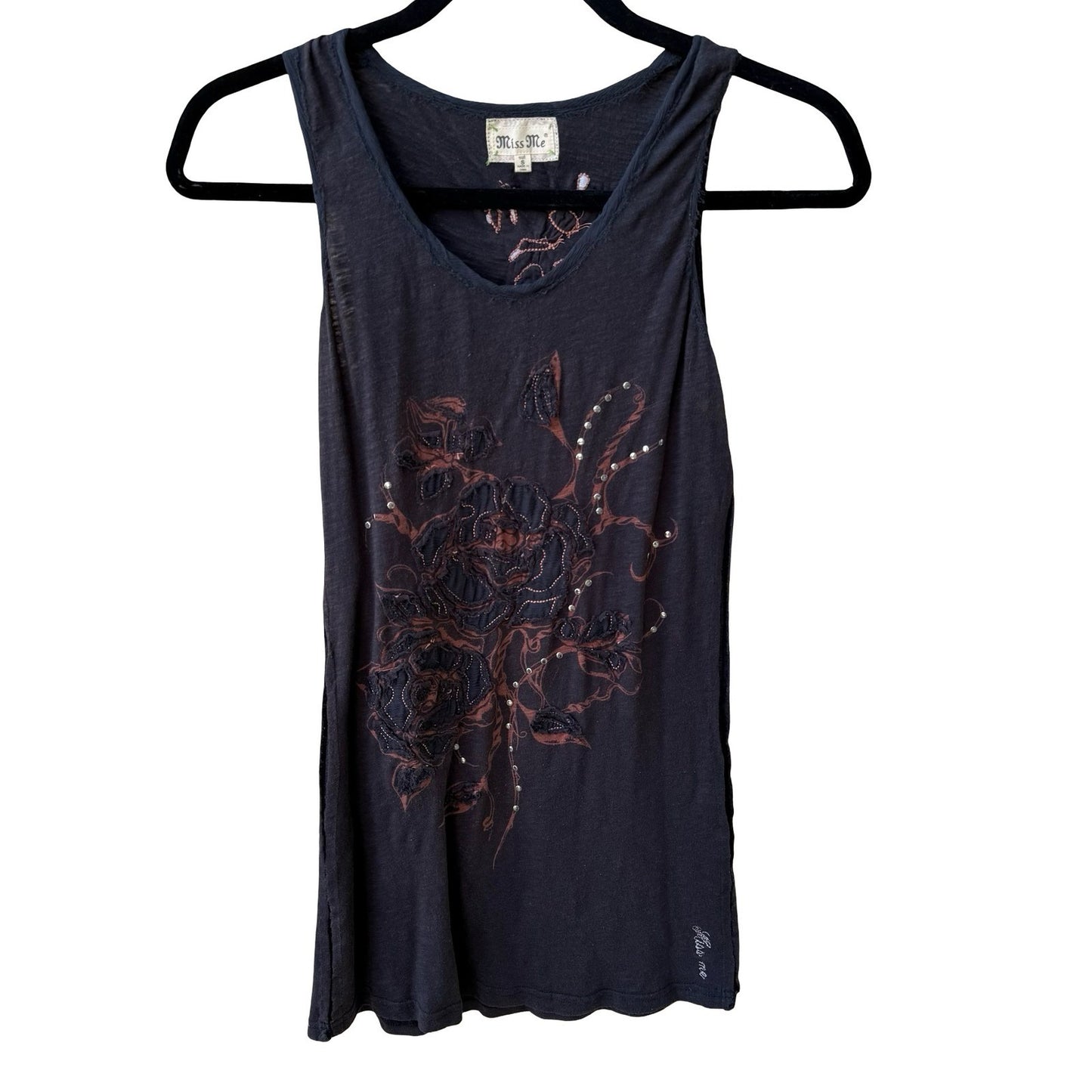 Miss Me Y2K Grunge Goth Fairy Dark Floral Embroidered Studded Distressed Tank S