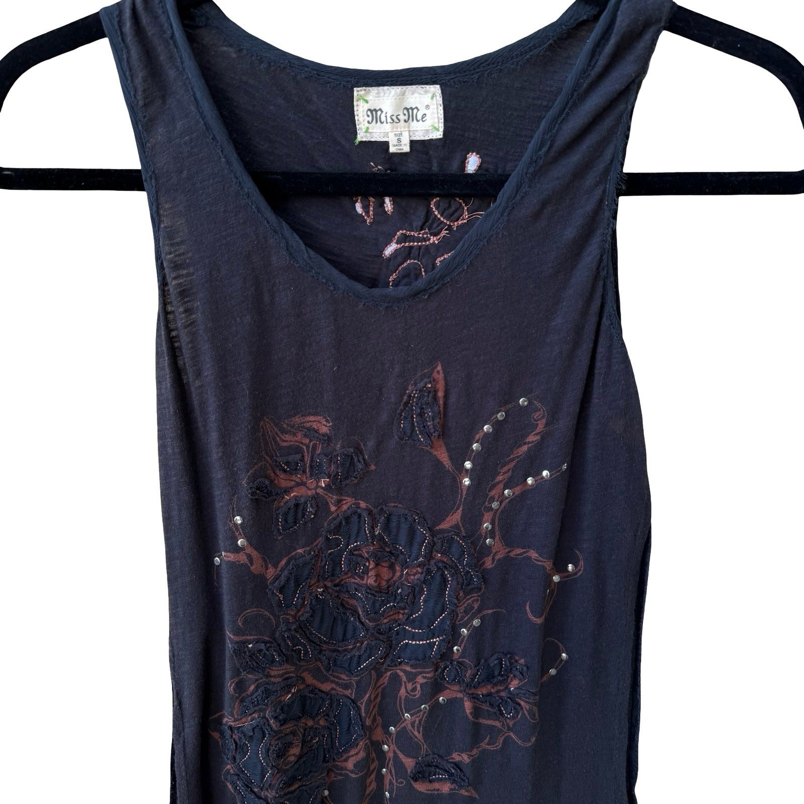 Miss Me Y2K Grunge Goth Fairy Dark Floral Embroidered Studded Distressed Tank S