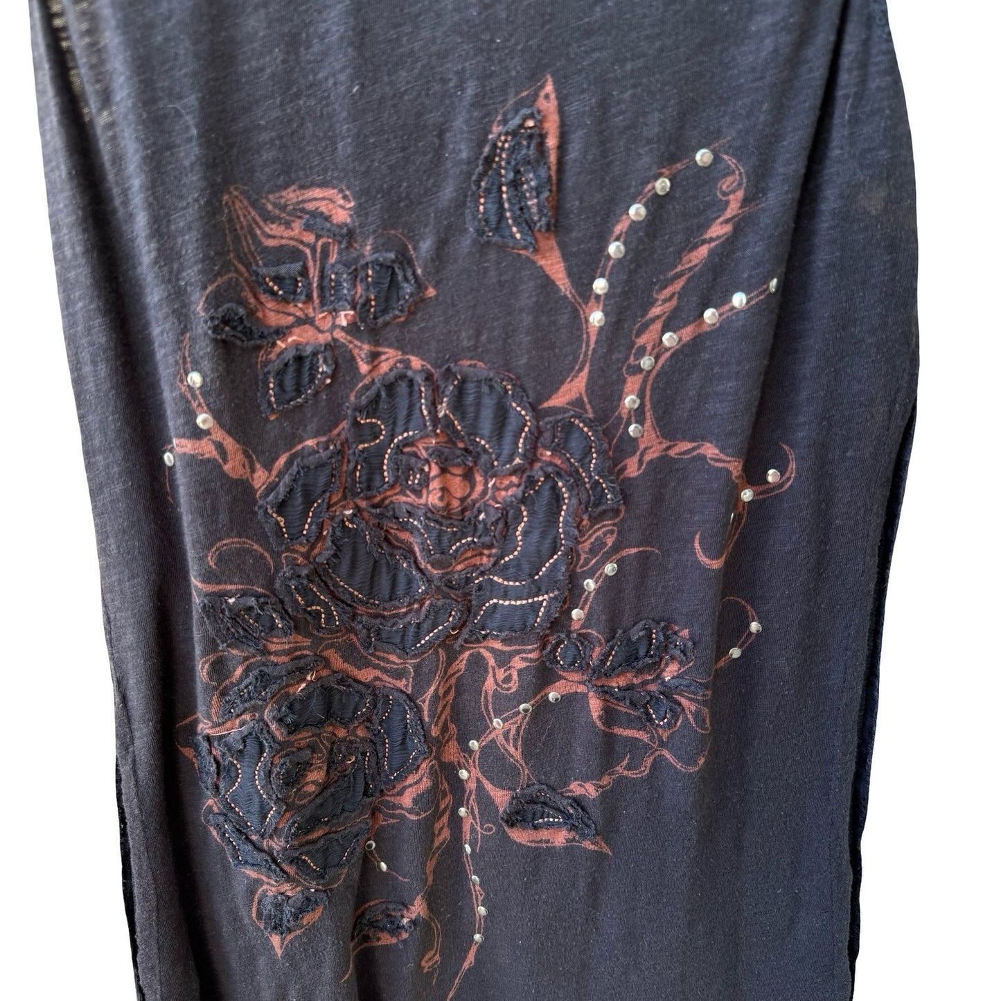 Miss Me Y2K Grunge Goth Fairy Dark Floral Embroidered Studded Distressed Tank S
