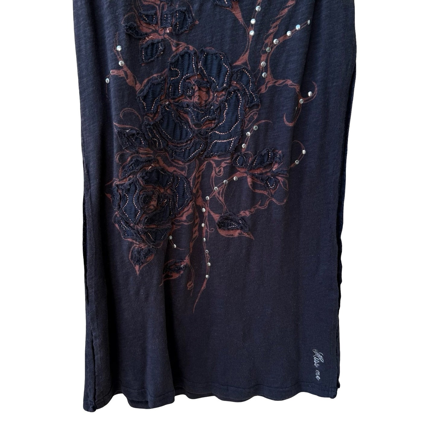 Miss Me Y2K Grunge Goth Fairy Dark Floral Embroidered Studded Distressed Tank S