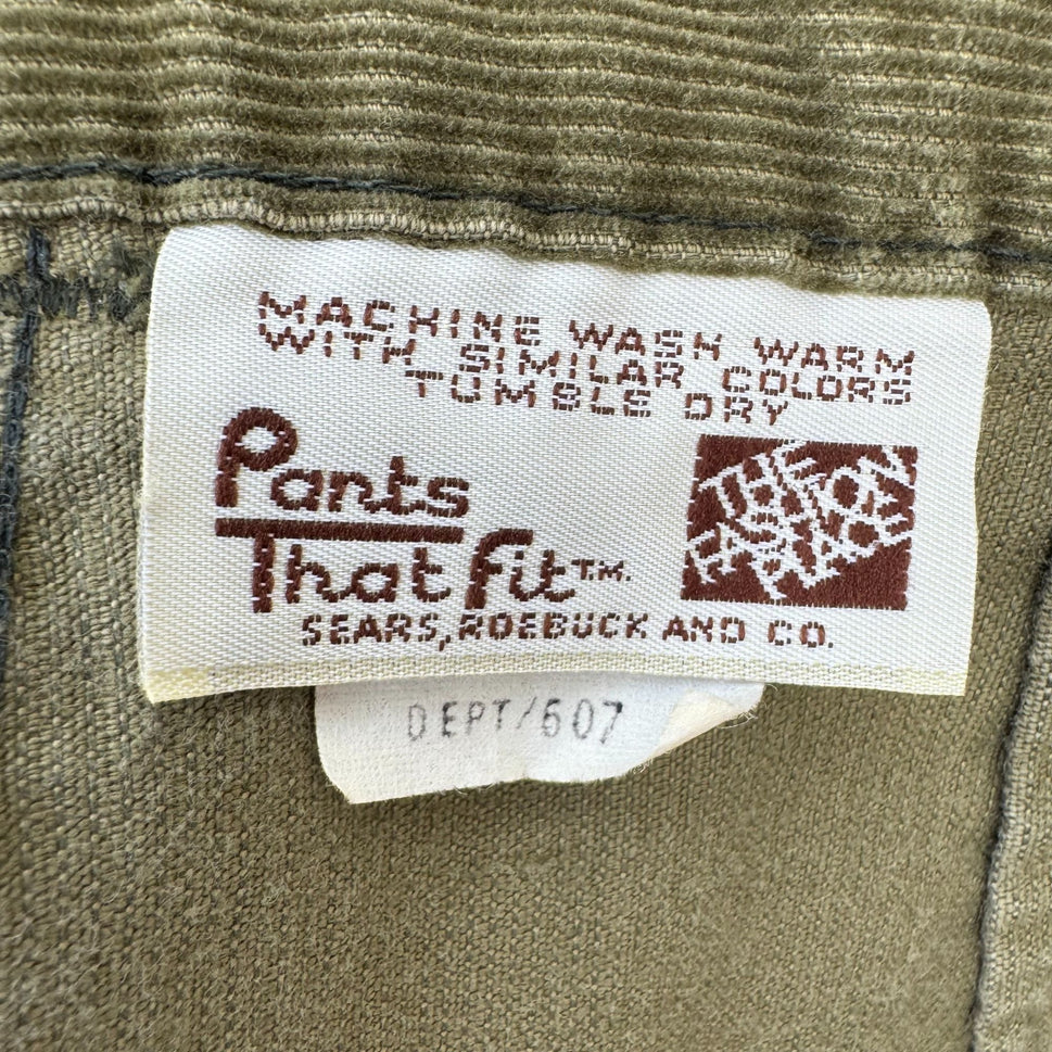 Sears Vintage 70s Womens Olive Green Corduroy Pants Pleated Front Pockets 28x33