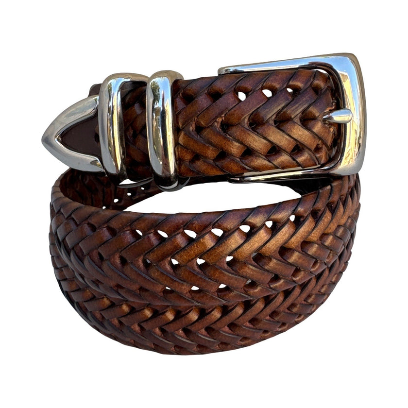 Perry Ellis Portfolio Mens 36 Braided Leather Belt Brown Silver Tip HP55003