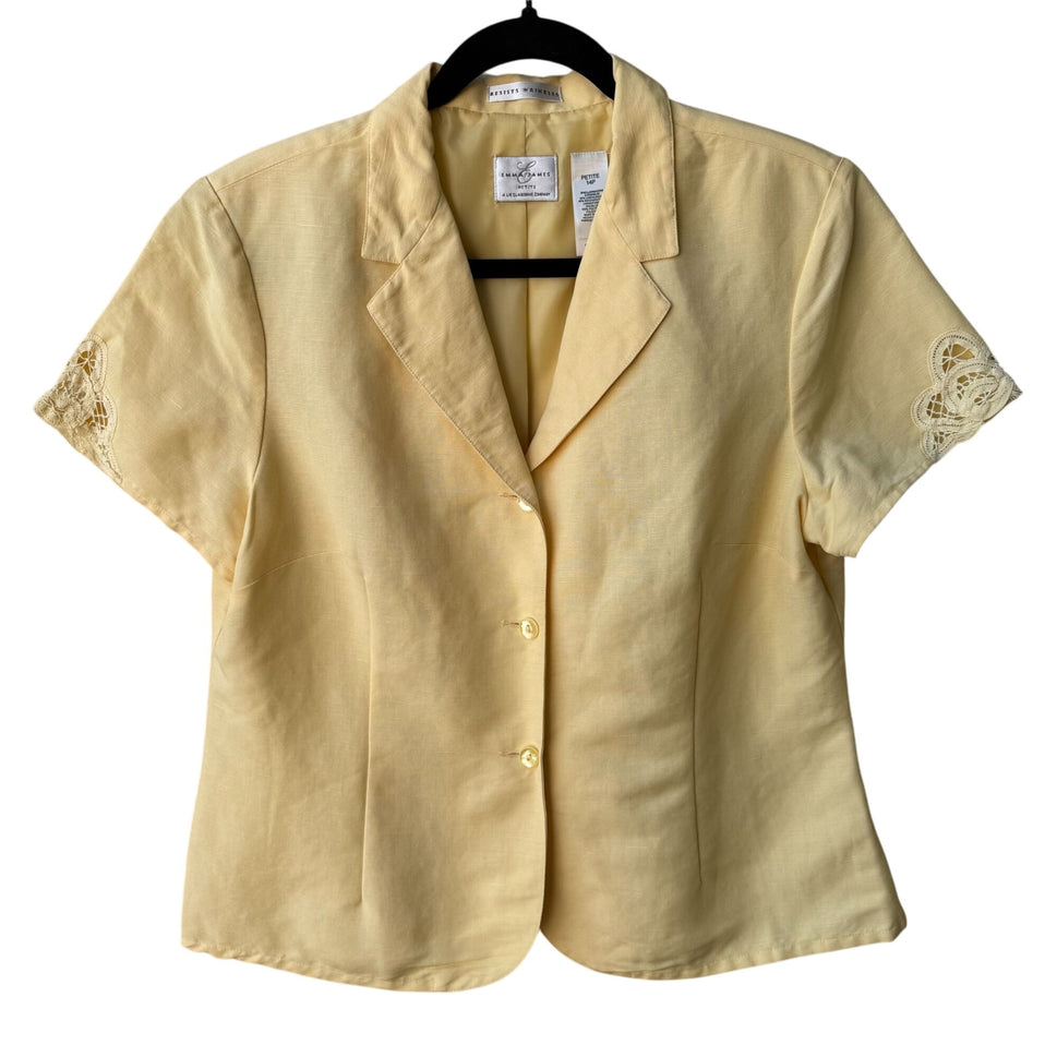 Emma James Petite Vintage Yellow Linen Blend Lace Crochet Sleeve Blazer Jacket 14P