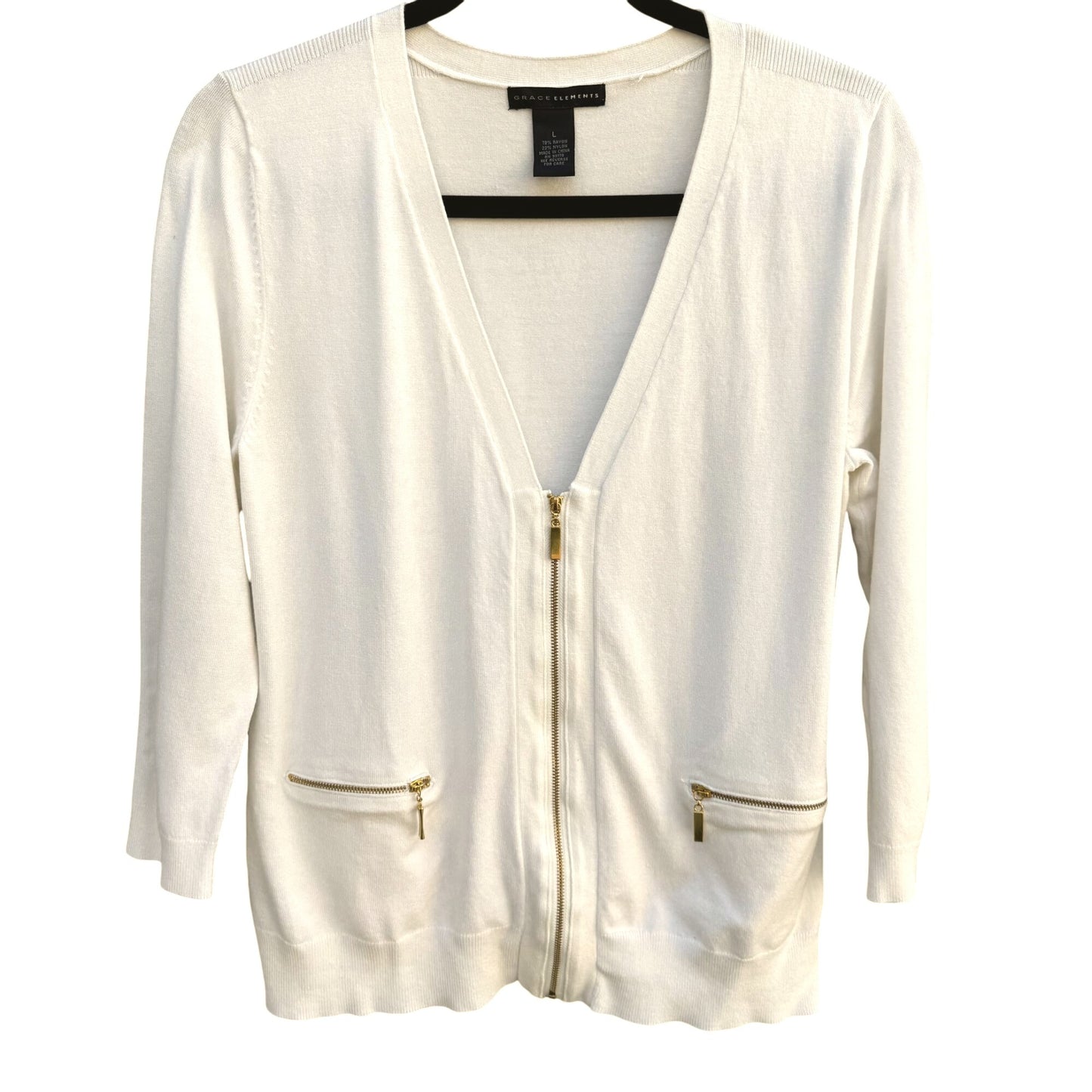 Grace Elements White Cardigan Zipper Accents Pockets 3/4 Sleeve Lightweight Knit L