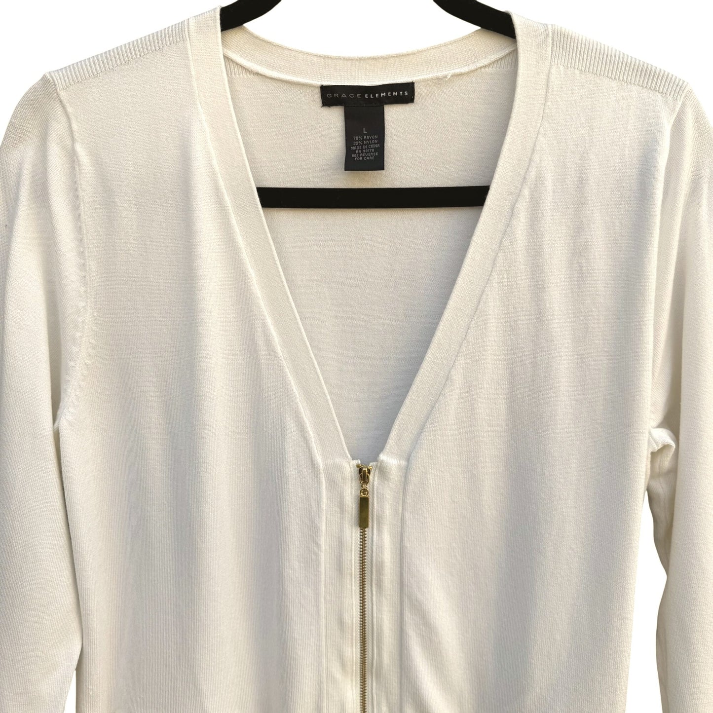 Grace Elements White Cardigan Zipper Accents Pockets 3/4 Sleeve Lightweight Knit L