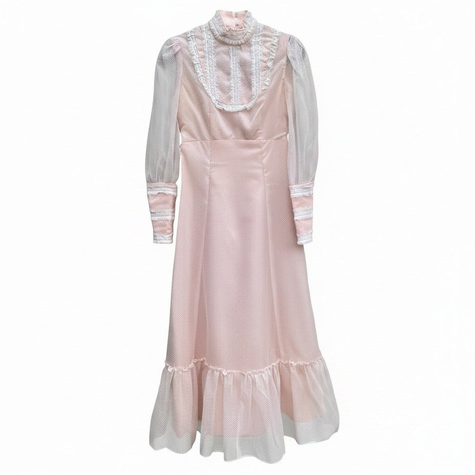 Vintage 70s Victorian Style Pink Swiss Dot Lace Maxi Dress High Neck Long Sleeve