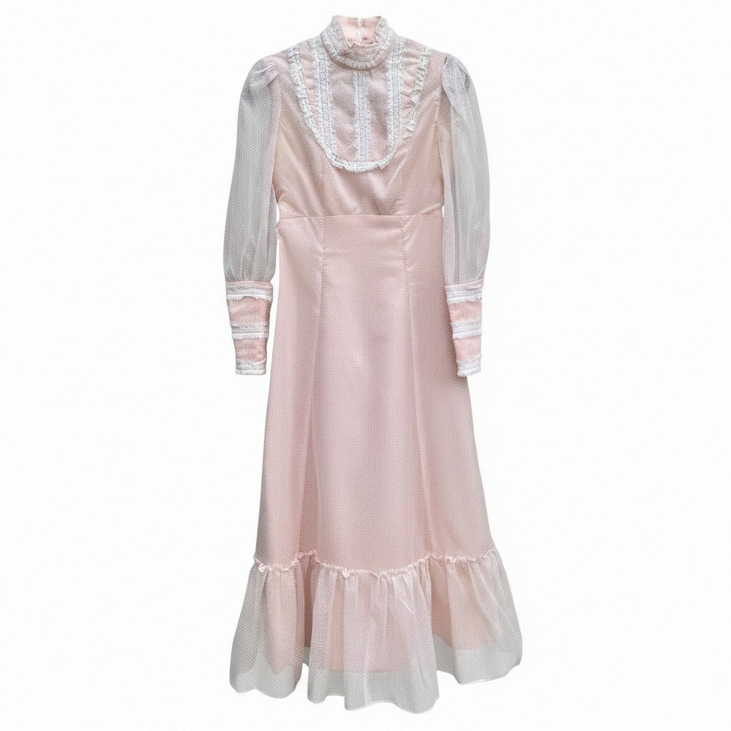 Vintage 70s Victorian Style Pink Swiss Dot Lace Maxi Dress High Neck Long Sleeve