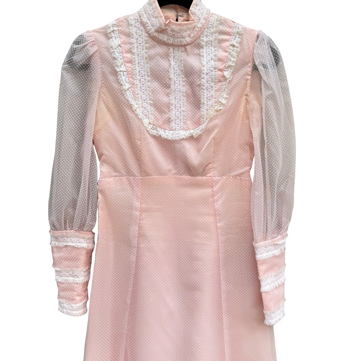 Vintage 70s Victorian Style Pink Swiss Dot Lace Maxi Dress High Neck Long Sleeve