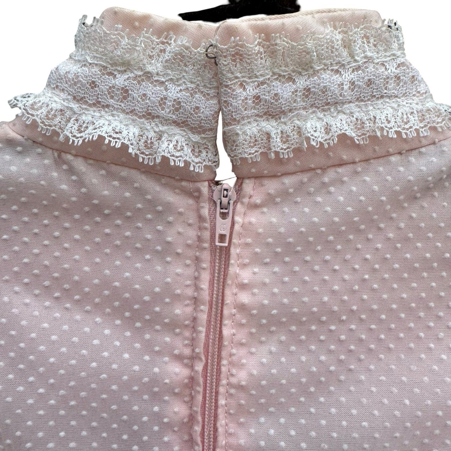 Vintage 70s Victorian Style Pink Swiss Dot Lace Maxi Dress High Neck Long Sleeve