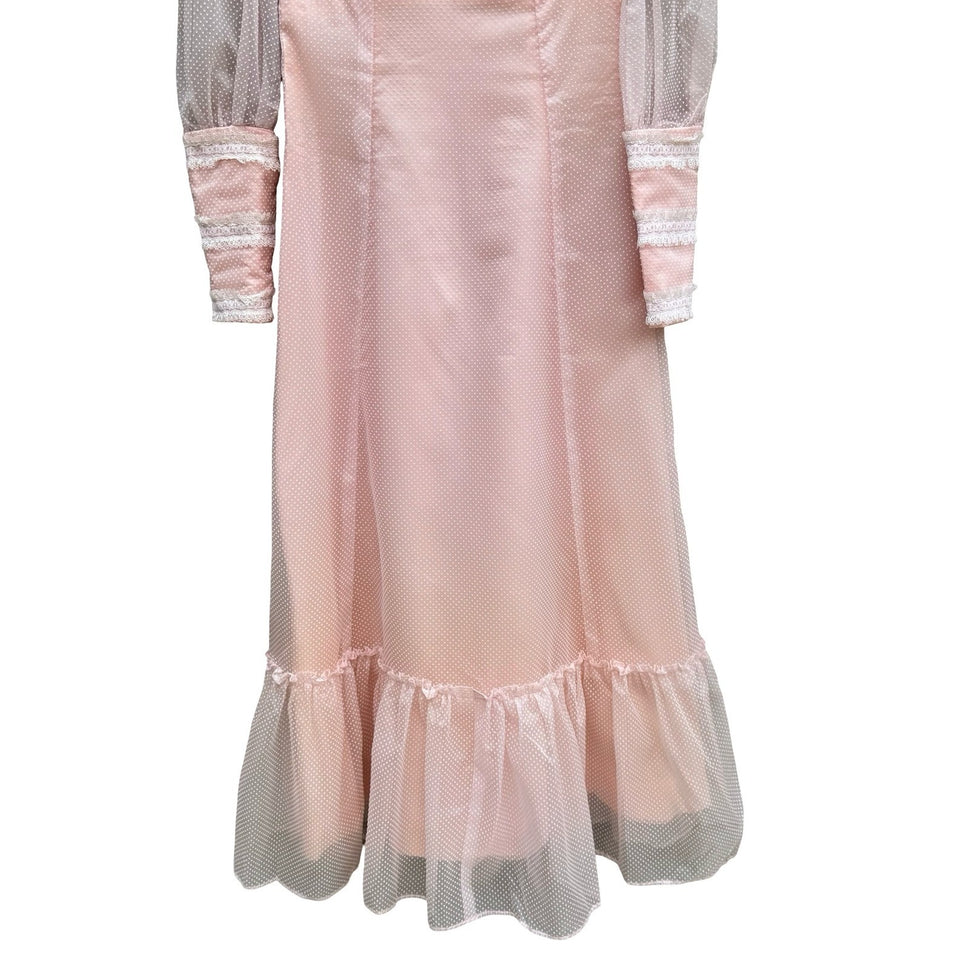 Vintage 70s Victorian Style Pink Swiss Dot Lace Maxi Dress High Neck Long Sleeve