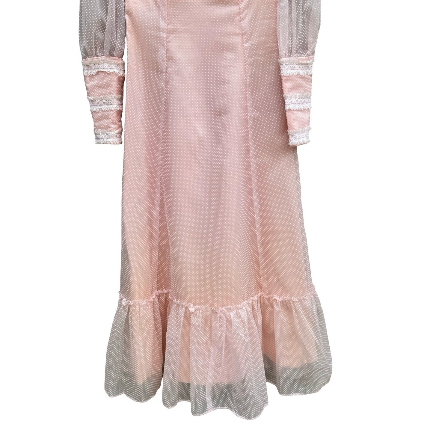 Vintage 70s Victorian Style Pink Swiss Dot Lace Maxi Dress High Neck Long Sleeve