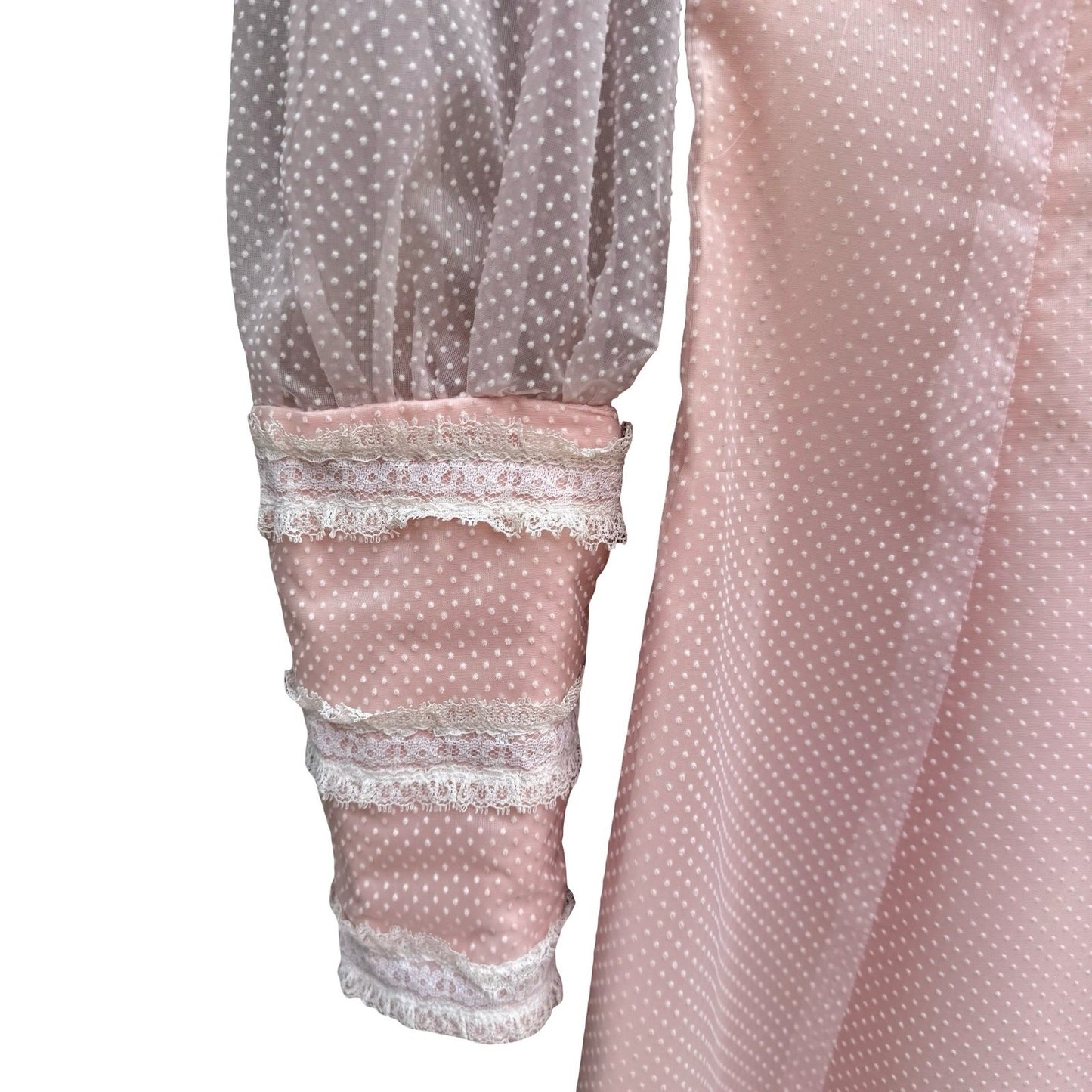 Vintage 70s Victorian Style Pink Swiss Dot Lace Maxi Dress High Neck Long Sleeve
