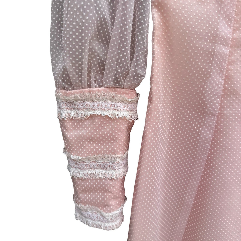 Vintage 70s Victorian Style Pink Swiss Dot Lace Maxi Dress High Neck Long Sleeve