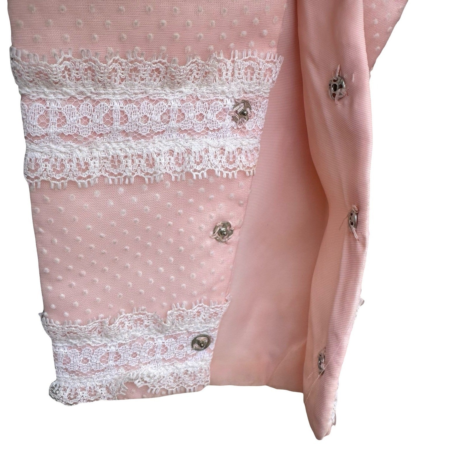 Vintage 70s Victorian Style Pink Swiss Dot Lace Maxi Dress High Neck Long Sleeve