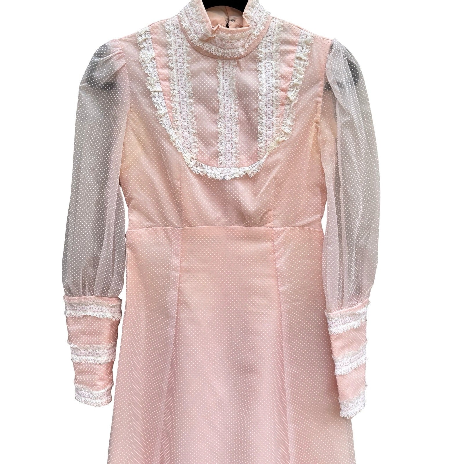 Vintage 70s Victorian Style Pink Swiss Dot Lace Maxi Dress High Neck Long Sleeve
