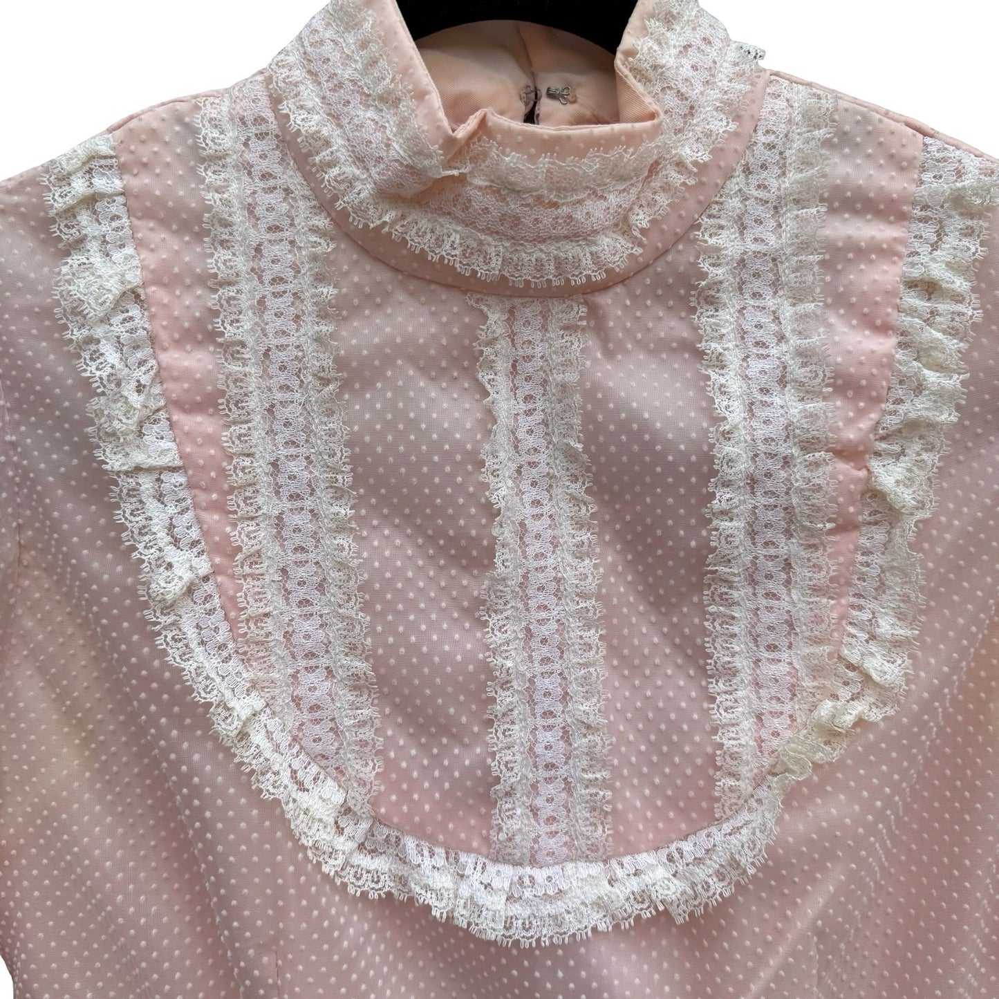 Vintage 70s Victorian Style Pink Swiss Dot Lace Maxi Dress High Neck Long Sleeve