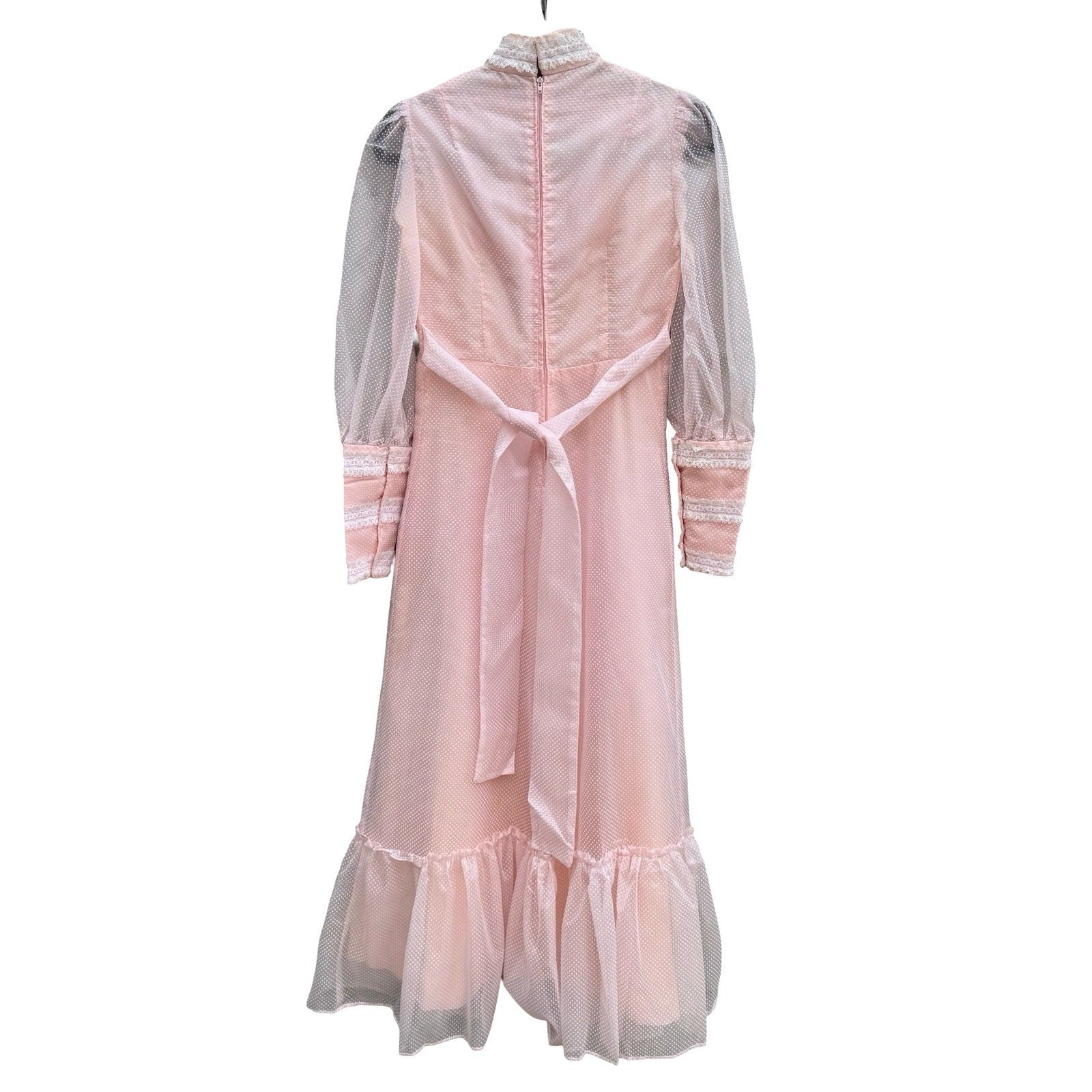 Vintage 70s Victorian Style Pink Swiss Dot Lace Maxi Dress High Neck Long Sleeve