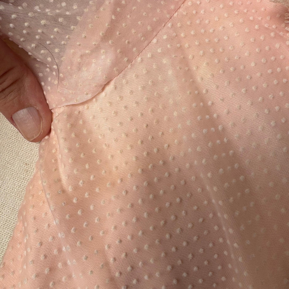 Vintage 70s Victorian Style Pink Swiss Dot Lace Maxi Dress High Neck Long Sleeve