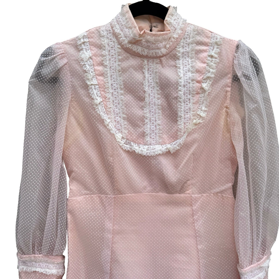 Vintage 70s Victorian Style Pink Swiss Dot Lace Maxi Dress High Neck Long Sleeve