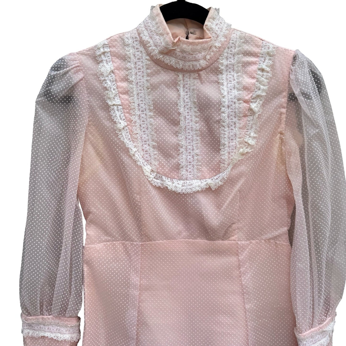 Vintage 70s Victorian Style Pink Swiss Dot Lace Maxi Dress High Neck Long Sleeve