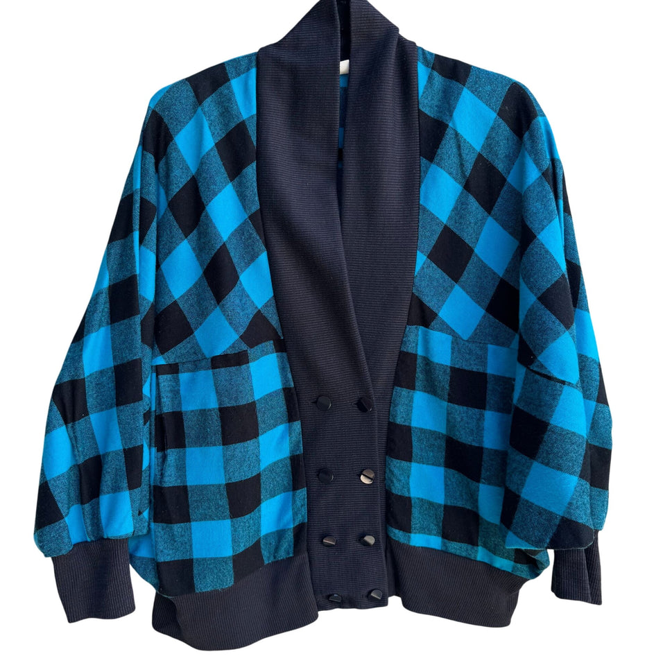 Face To Face Vintage Black Buffalo Plaid Batwing Double Breasted Cardigan Jacket