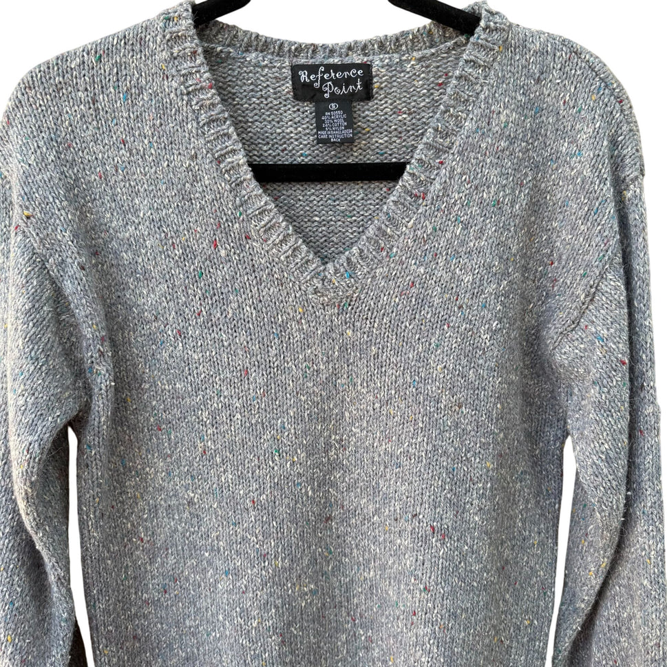 Reference Point VIntage Womens V Neck Gray Blue Wool Blend Speckled Knit Sweater S