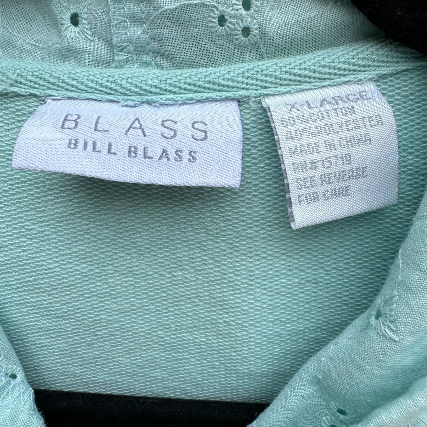 Bill Blass Vintage Womens Mint Green Eyelet Zip Front Long Sleeve Hoodie Jacket XL