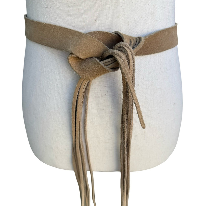 Agnes B Tan Suede Leather Fringe Wrap Belt Made in England Boho Western Tie Belt