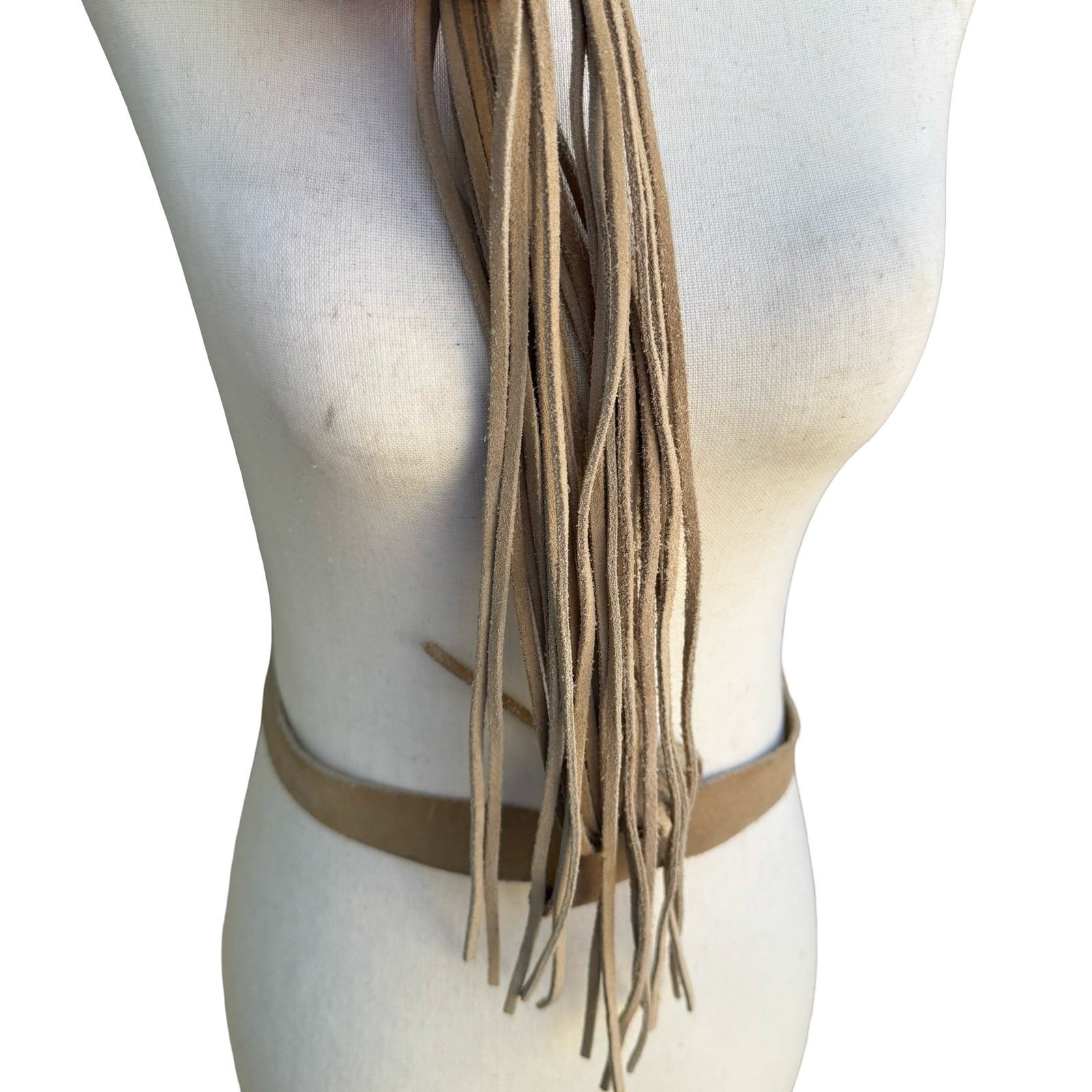 Agnes B Tan Suede Leather Fringe Wrap Belt Made in England Boho Western Tie Belt